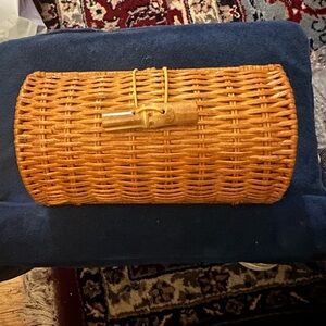 Lilly Pulitzer tan Wicker clutch handbag with blue print interior
